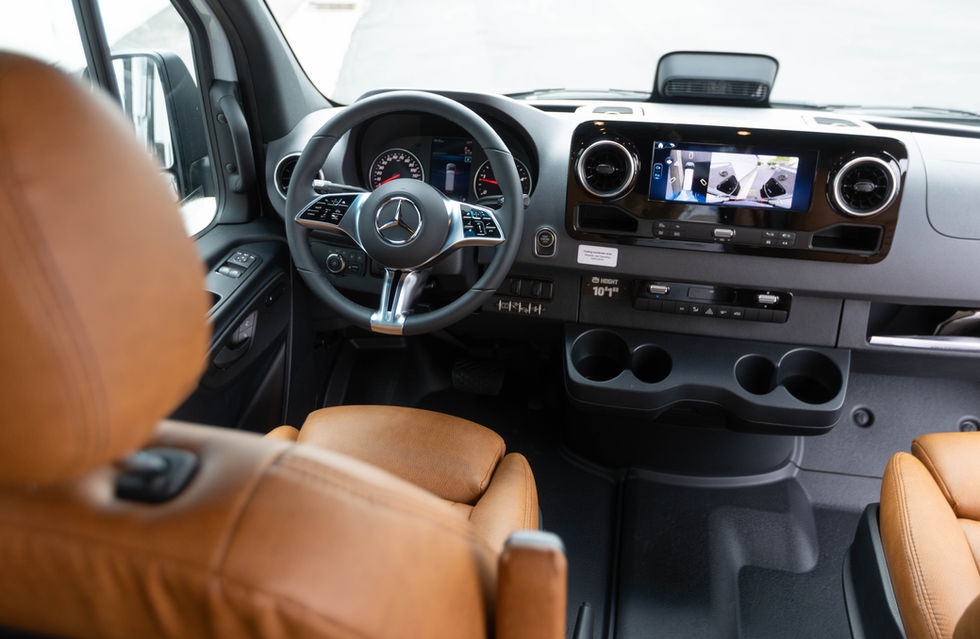 Mercedes Sprinter Cockpit of a 2026 Sundance Kid 144 Pro Off Road Camper Van Interior Designed by Off Highway Van 