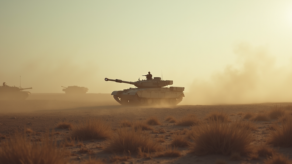Wide angle view of a desolate battlefield with a lone tank