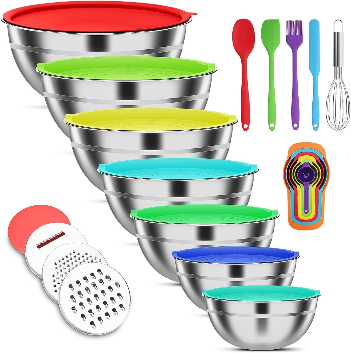Mixing Bowls with Lids Set, 7 PCS Stainless Steel Mixing Bowls with 3 Grater Att