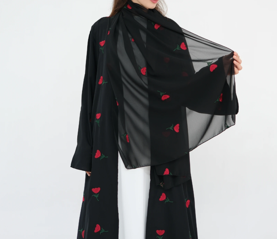 Midnight Rose Abaya Set with red embroidery and matching scarf