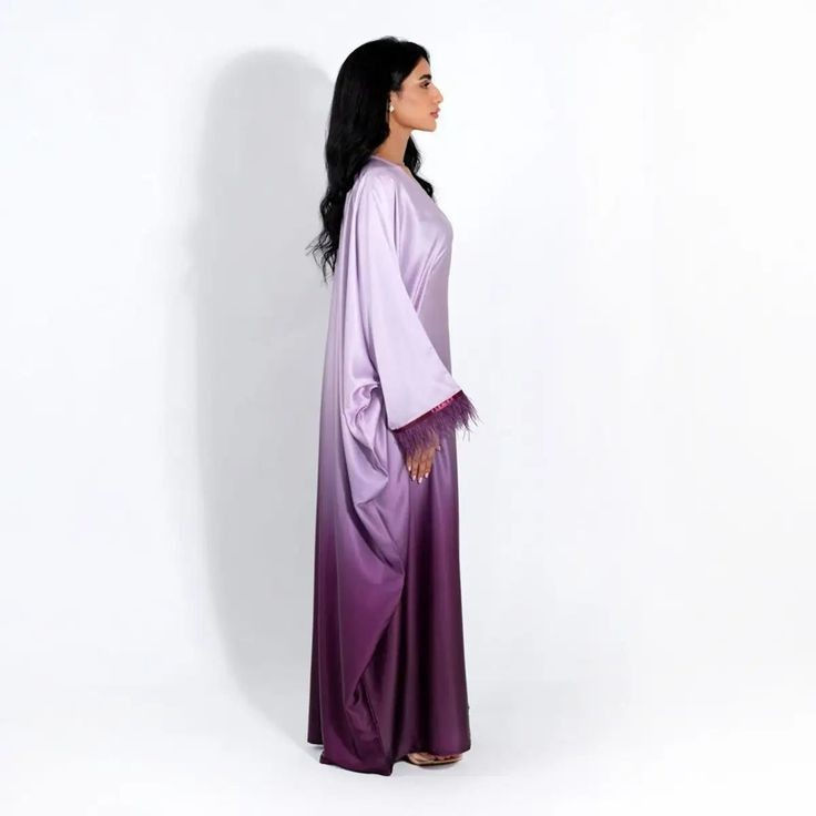 Thumbnail: Purple Butterfly Satin Abaya with Fur Accents
