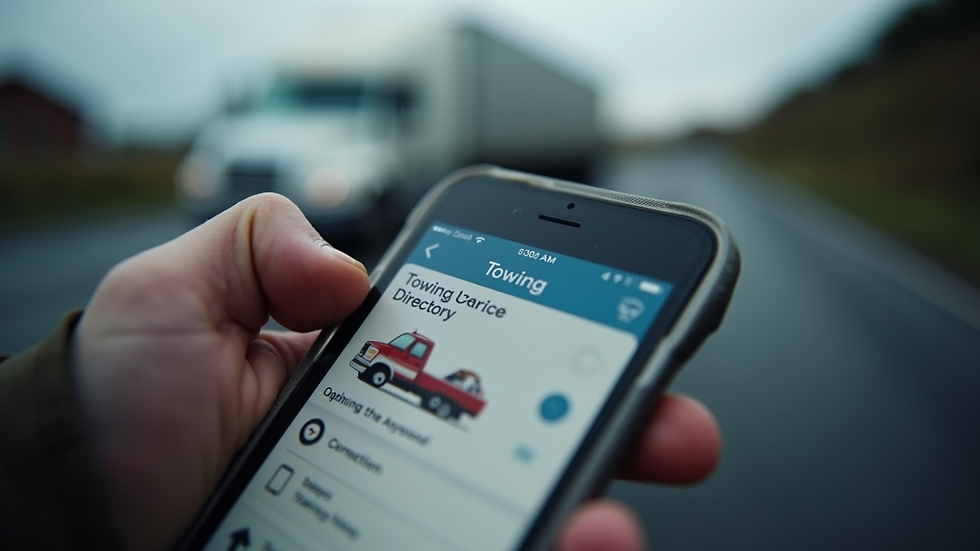Close-up view of a smartphone displaying a towing service directory app