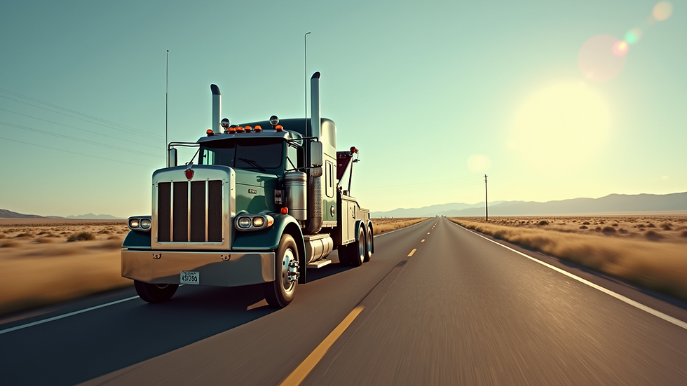 Wide angle view of a tow truck on a Wyoming highway