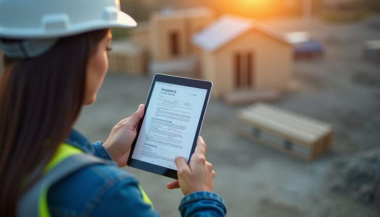 High angle view of a contractor reviewing insurance documents on a tablet at a job site near Lake of the Ozarks