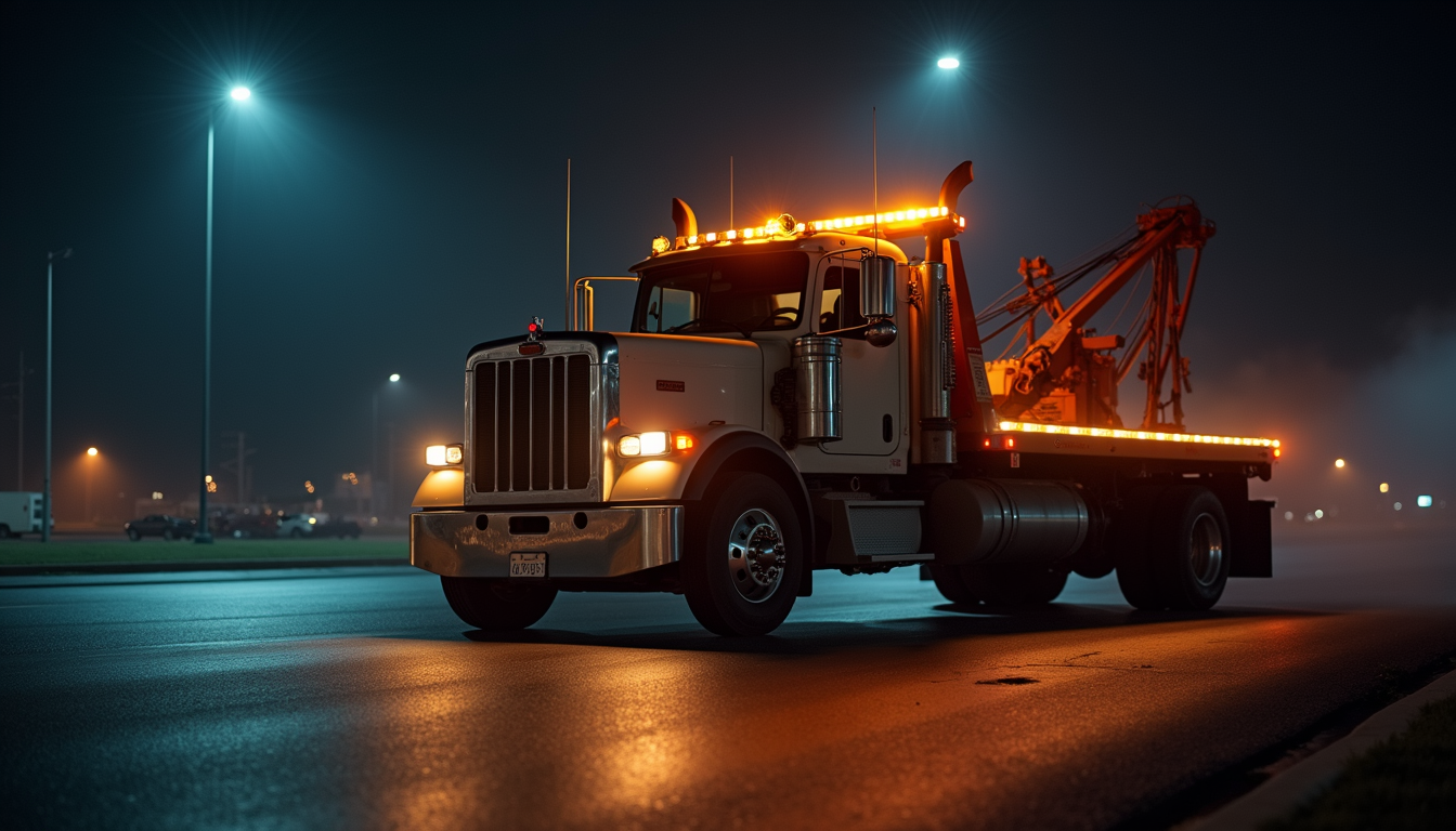 tow truck in rain