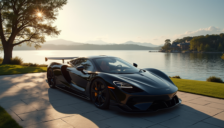 High angle view of a luxury sports car parked near a waterfront home at Lake of the Ozarks