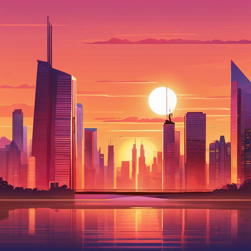 Futuristic city skyline at sunset with tall skyscrapers reflecting bright orange and pink hues, creating a calm, serene mood. AMERISHOP Business Directory