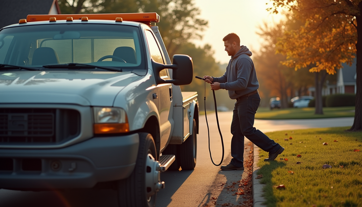 High angle view of a tow truck driver hooking up a car for towing in a Nashville neighborhood