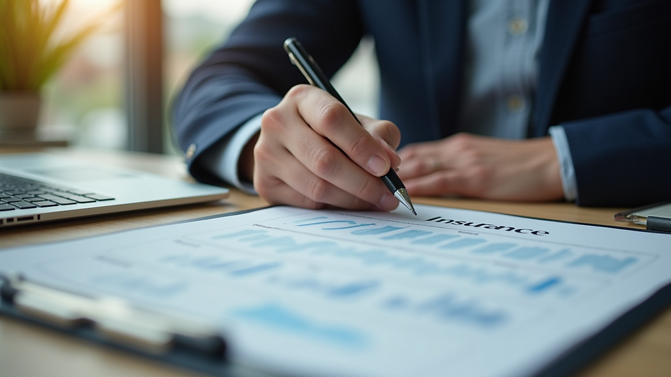 Close-up view of a business owner reviewing insurance documents at a desk