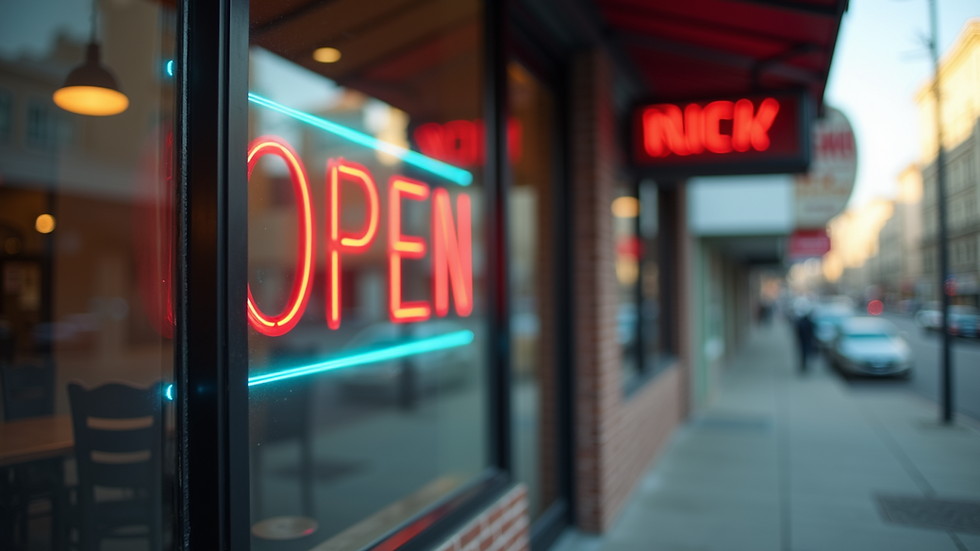 Eye-level view of a small business storefront with a "Open" sign
