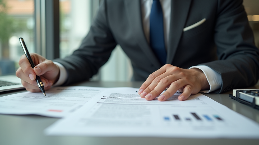 Close-up view of a business owner reviewing insurance documents at a desk