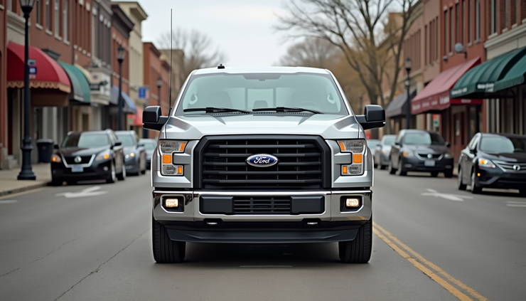 Eye-level view of a silver 2015 Ford F-150 pickup truck parked on a city street in Jefferson City