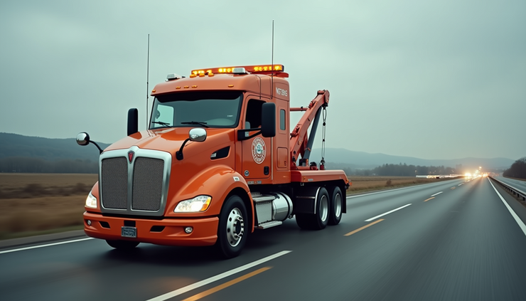 Close-up view of a tow truck with branded signage parked near a highway