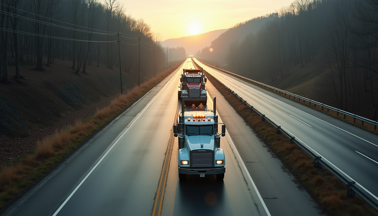 High angle view of a tow truck assisting a vehicle on a West Virginia highway