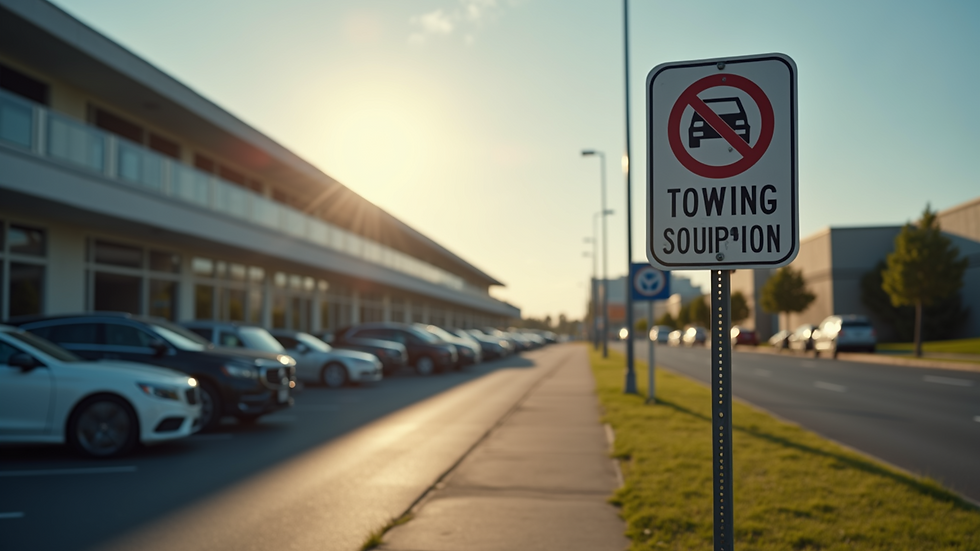 Eye-level view of a towing sign indicating parking restrictions