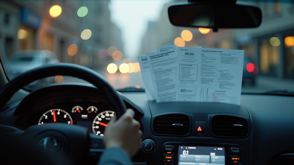 Eye-level view of a car dashboard with insurance documents
