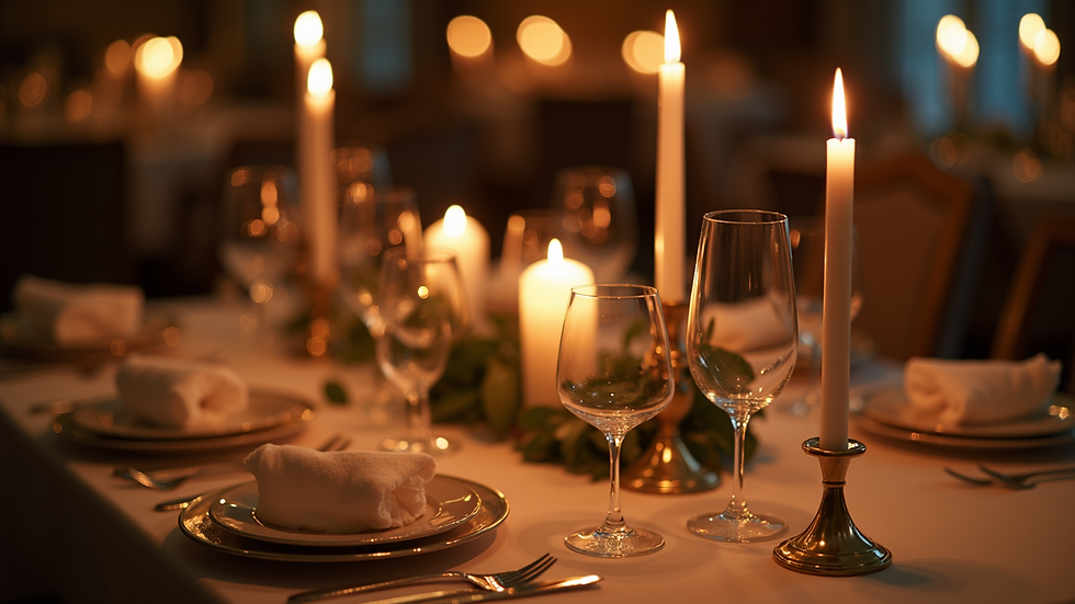 High angle view of a table beautifully set with candles for a dinner party