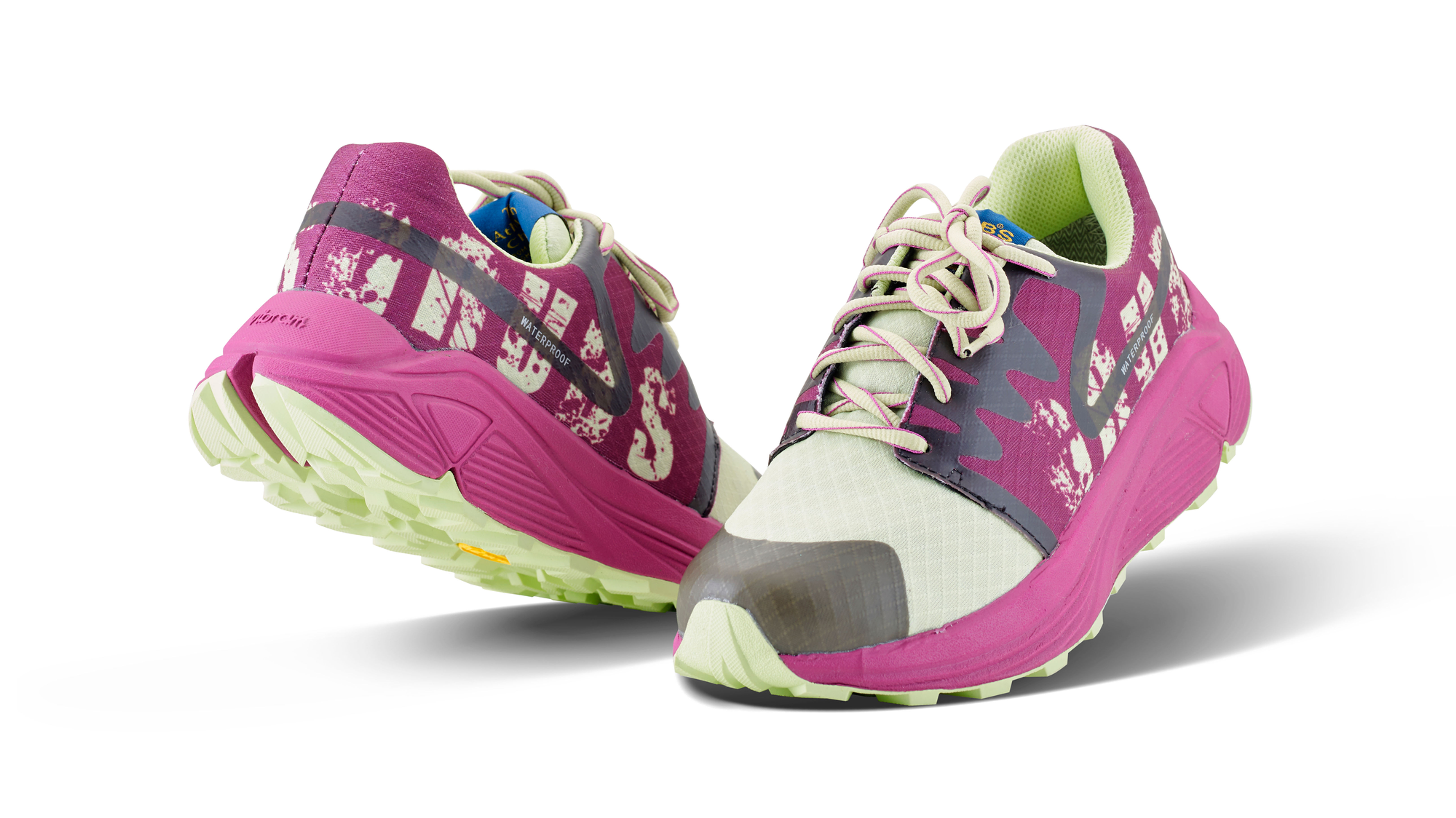 Front and Rear Angle of Discover Fuchsia Waterproof Walking Trainer with Vibram Rollin Gait Sole, Breathable and Derby Laces