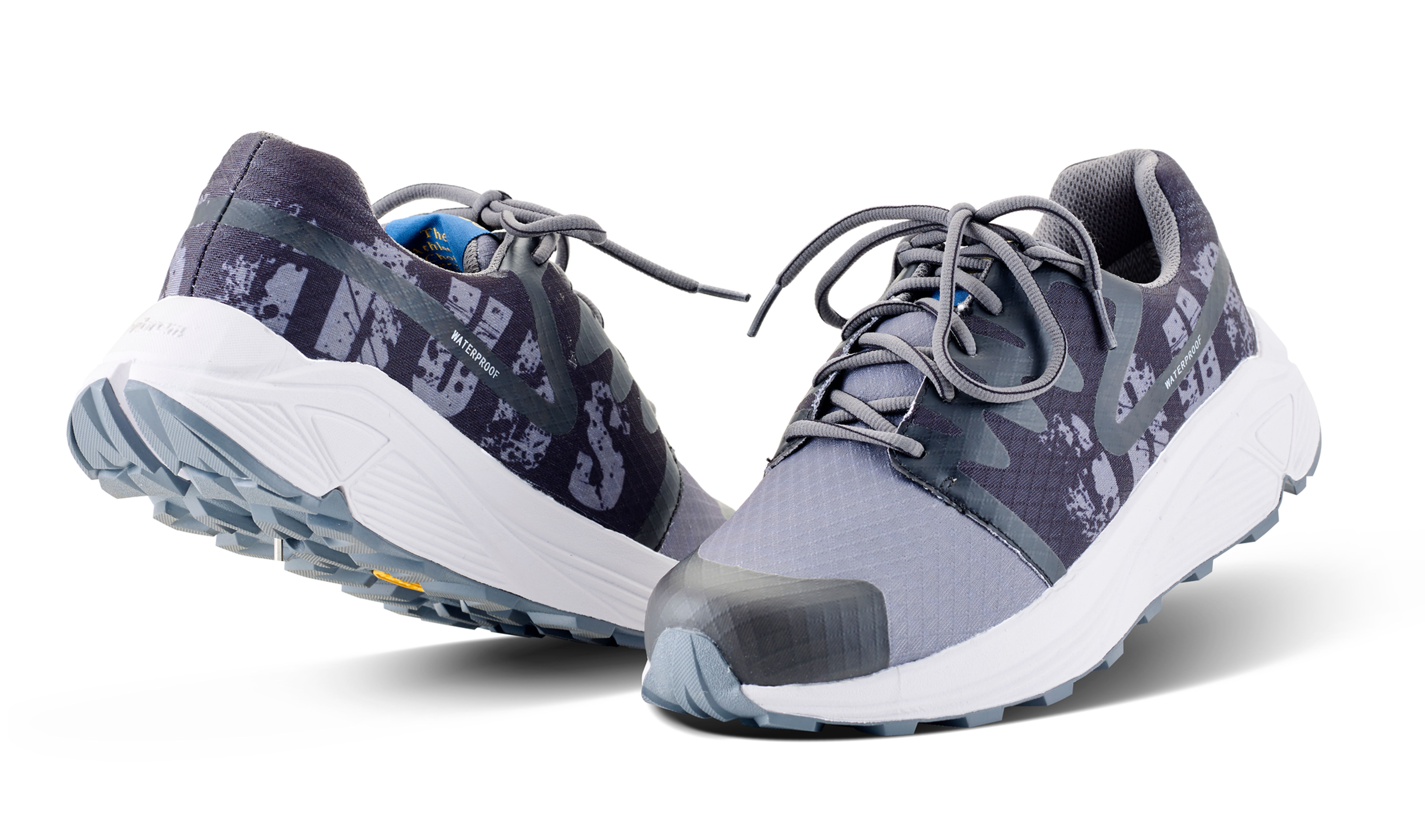 Front and Rear Angle of Discover Charcoal Waterproof Walking Trainer with Vibram Rollin Gait Sole, Breathable and Derby Laces