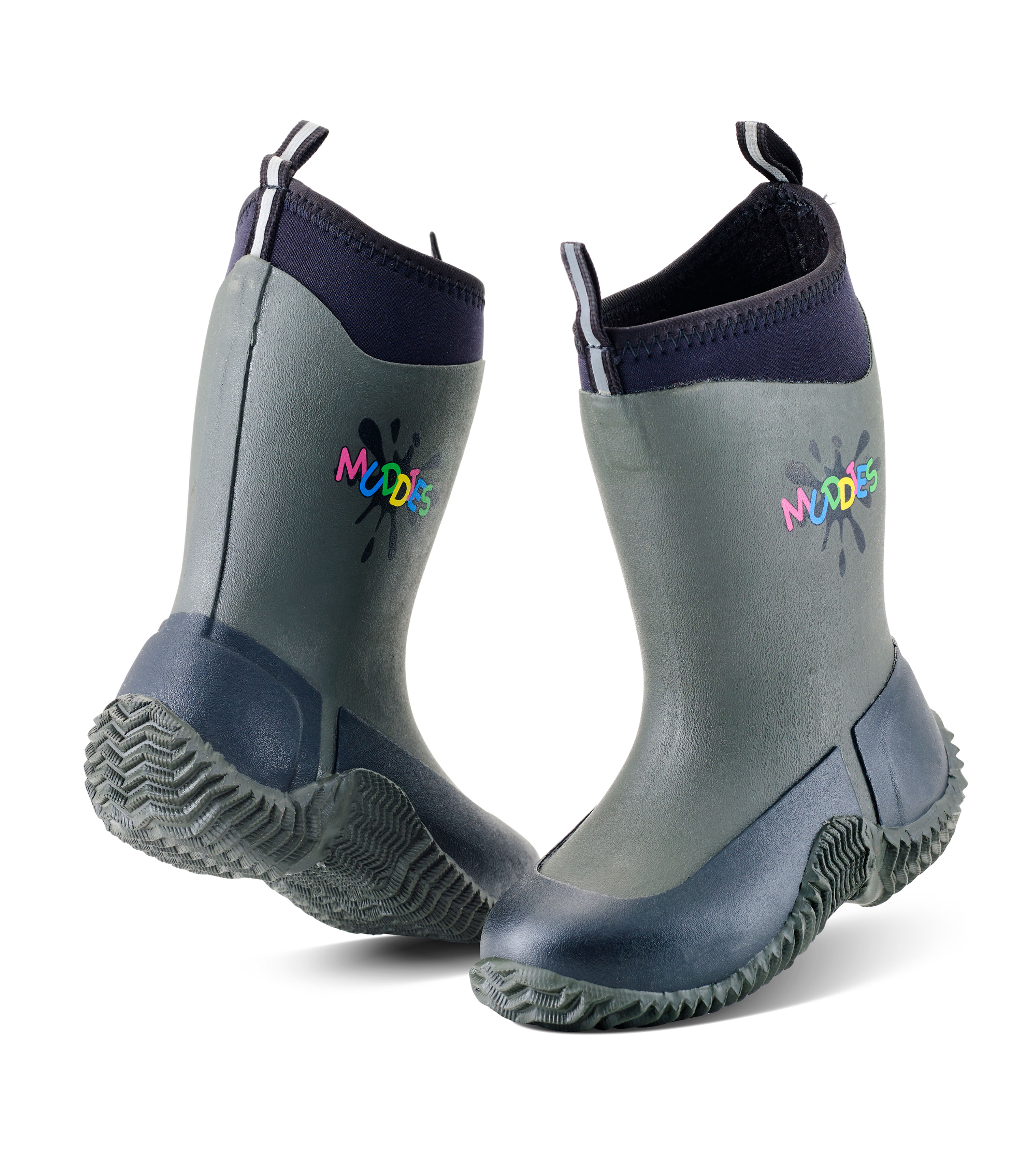 Front and Rear angle of Charcoal Muddies Icicle Children' Wellington Boot with easy kick rim, room for growth and calf length