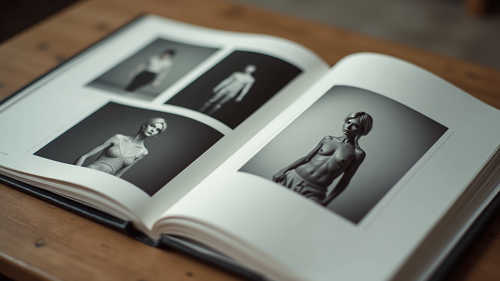 High angle view of a model portfolio with photos and measurements