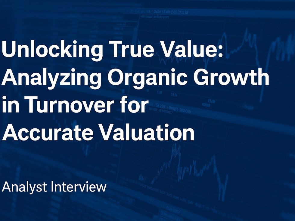 Text "Unlocking True Value: Analyzing Organic Growth in Turnover for Accurate Valuation" overlaid on blue financial charts. Mood: insightful.