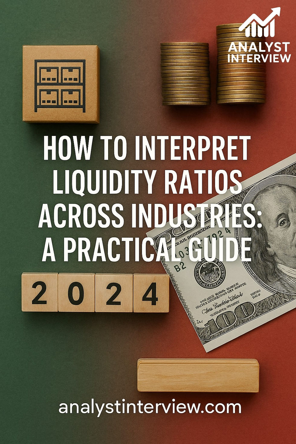 Guide on interpreting liquidity ratios with a background of wooden blocks reading 2024, coins, and a dollar bill. AnalystInterview.com.