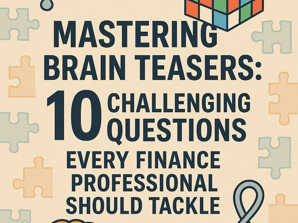 Puzzle pieces, a Rubik's Cube, and a brain icon frame text: "Mastering Brain Teasers: 10 Challenging Questions Every Finance Professional Should Tackle."