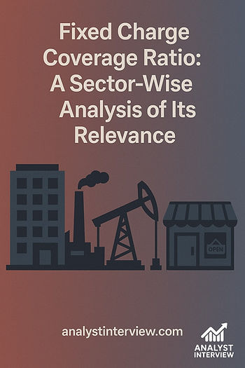 Text reads "Fixed Charge Coverage Ratio: A Sector-Wise Analysis of Its Relevance." Silhouettes of buildings, factory, and store on gradient background.