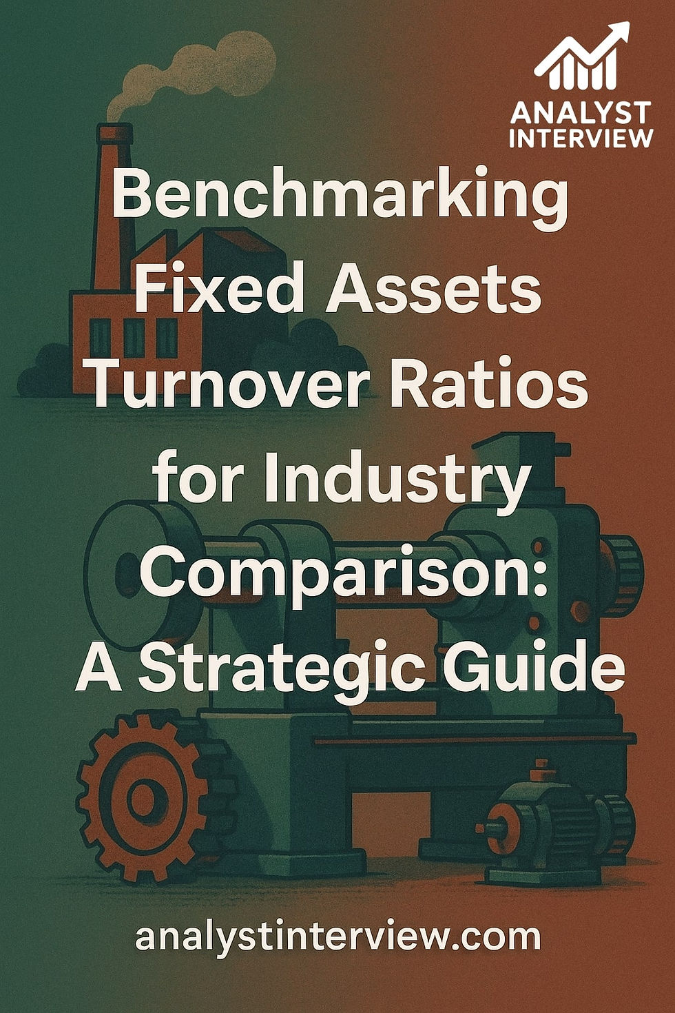 Factory with gears and smokestack, "Benchmarking Fixed Assets Turnover Ratios" text overlays. Green-orange background with "analystinterview.com".