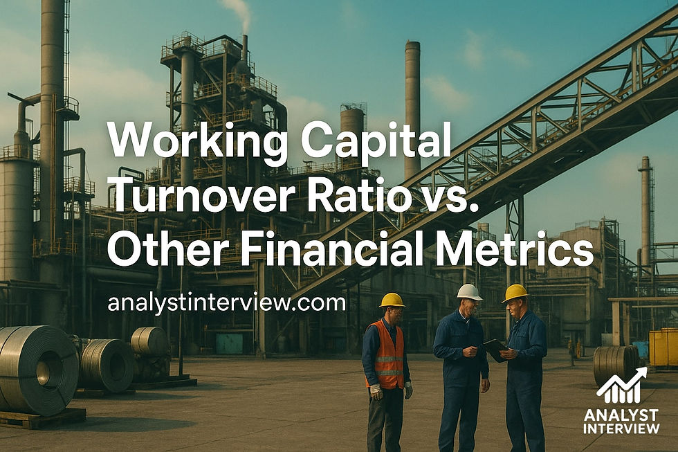 Three workers in hard hats and uniforms converse at an industrial site. Text: "Working Capital Turnover Ratio vs. Other Financial Metrics."
