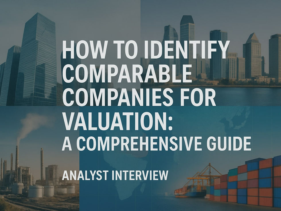 Text: "How to Identify Comparable Companies for Valuation: A Comprehensive Guide, Analyst Interview" over skyscrapers, factory, and port.