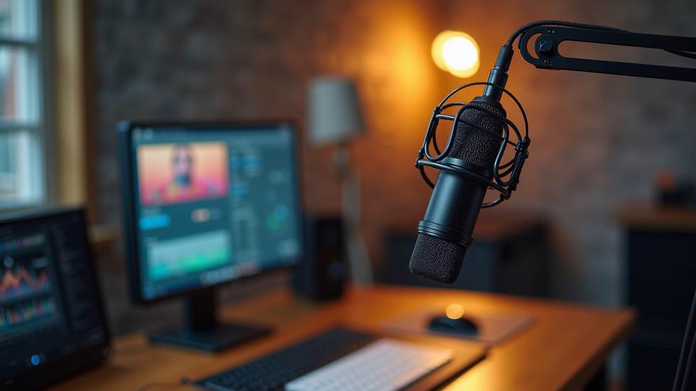 Close-up view of a microphone on a podcasting desk