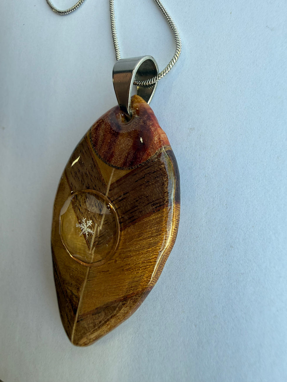 Thumbnail: Preserved Snowflake Exotic Wood Pendant, Clear Quartz Necklace, Real Snowflake J