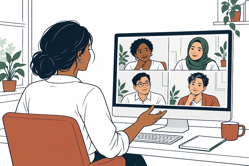 A woman joins a virtual project meeting with four colleagues..webp