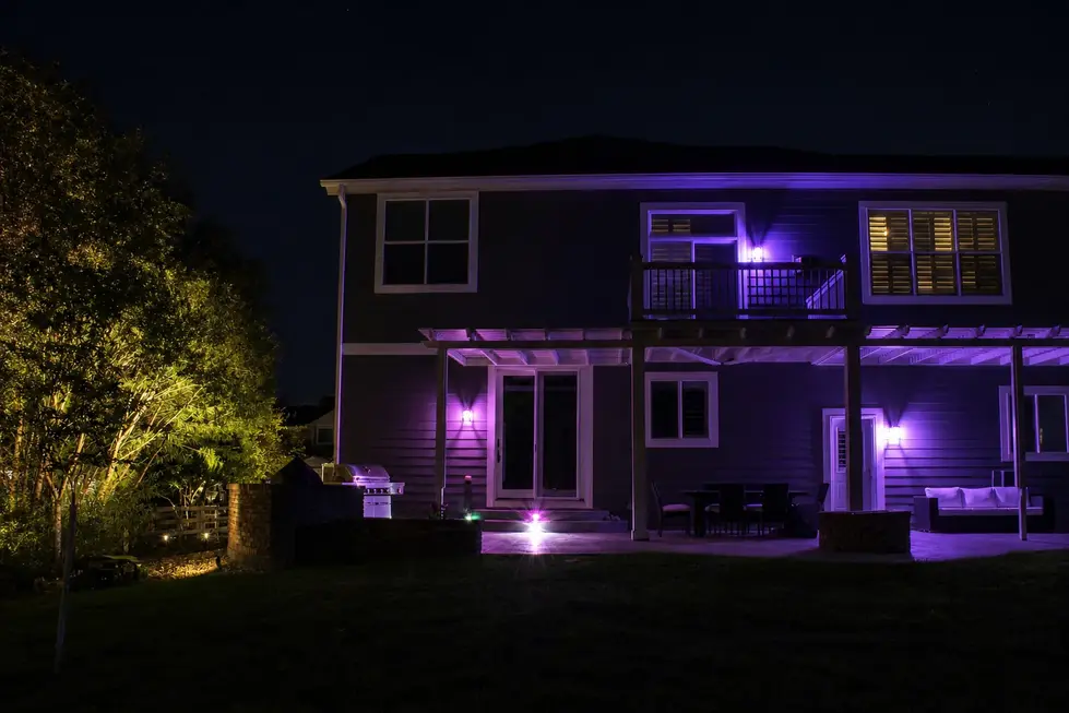 Back of a Colorado home with color changing lights