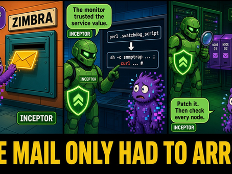 Neon illustration of a Zimbra mailbox node where an snmptrap call runs into a semicolon, a curl and a trailing hash mark