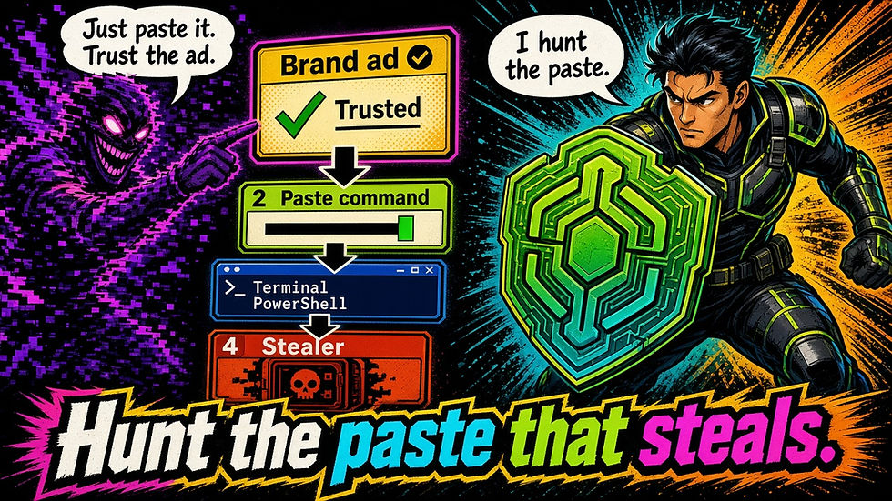 Comic illustration of the PasteSwitch ClickFix chain from a trusted-looking ad to pasted commands and a stealer.