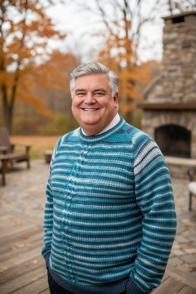 Oversize Gentleman wearing Hand Knit Gents Large Size Jumper with Cable. Round Neckline.  
100% Acrylic. Machine Washable.  Size 4XL  £60