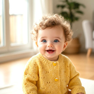 Baby wearing Hand Knitted Baby Cardigan with matching apple buttons. 100% Acrylic. Machine Washable. 9 - 12 months £12.50