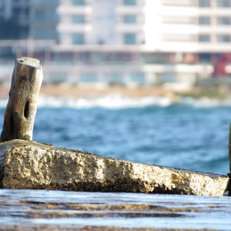 Ruhiges Meer mit leichten Wellen, zwei Pfeiler im Wasser mit einem algenbedeckten Holzboot, Symbol für Beständigkeit statt Aufbruch