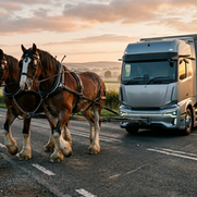 Zwei Clydesdale-Zugpferde ziehen einen modernen Elektro-Sattelzug auf einer kurvenreichen Landstrasse im Morgenrot – Metapher für neue Technologie auf alten Strukturen