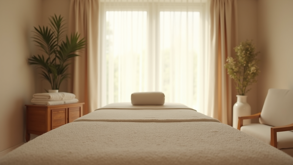 Eye-level view of a peaceful room with a massage table and soft natural light