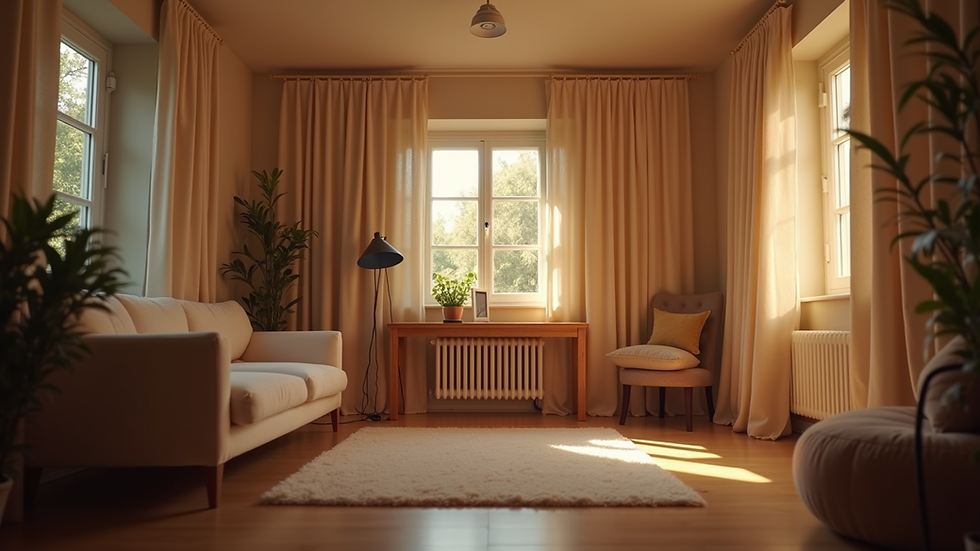 Eye-level view of a cozy room with soft lighting and BDSM equipment neatly arranged