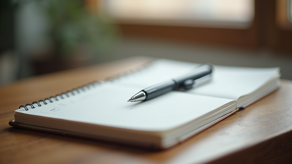 Close-up view of a notebook and pen on a wooden table, ready for notes