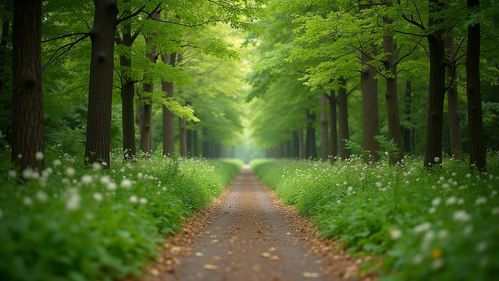 Eye-level view of a peaceful nature trail surrounded by green trees