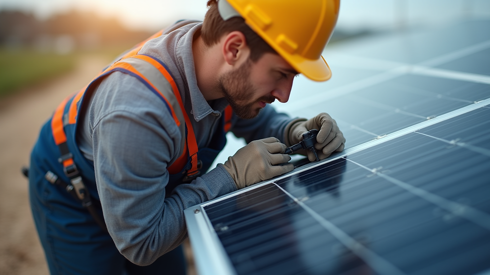 Close-up view of a solar panel technician inspecting wiring connections