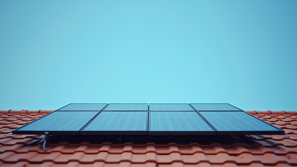 Eye-level view of solar panels on a residential roof under clear blue sky