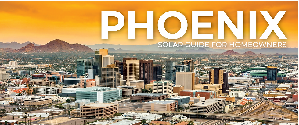 A vibrant sunset casts a warm glow over the Phoenix, AZ skyline, highlighting its dynamic blend of modern architecture and scenic mountain backdrop, underscoring the city's focus on solar energy for homeowners.
