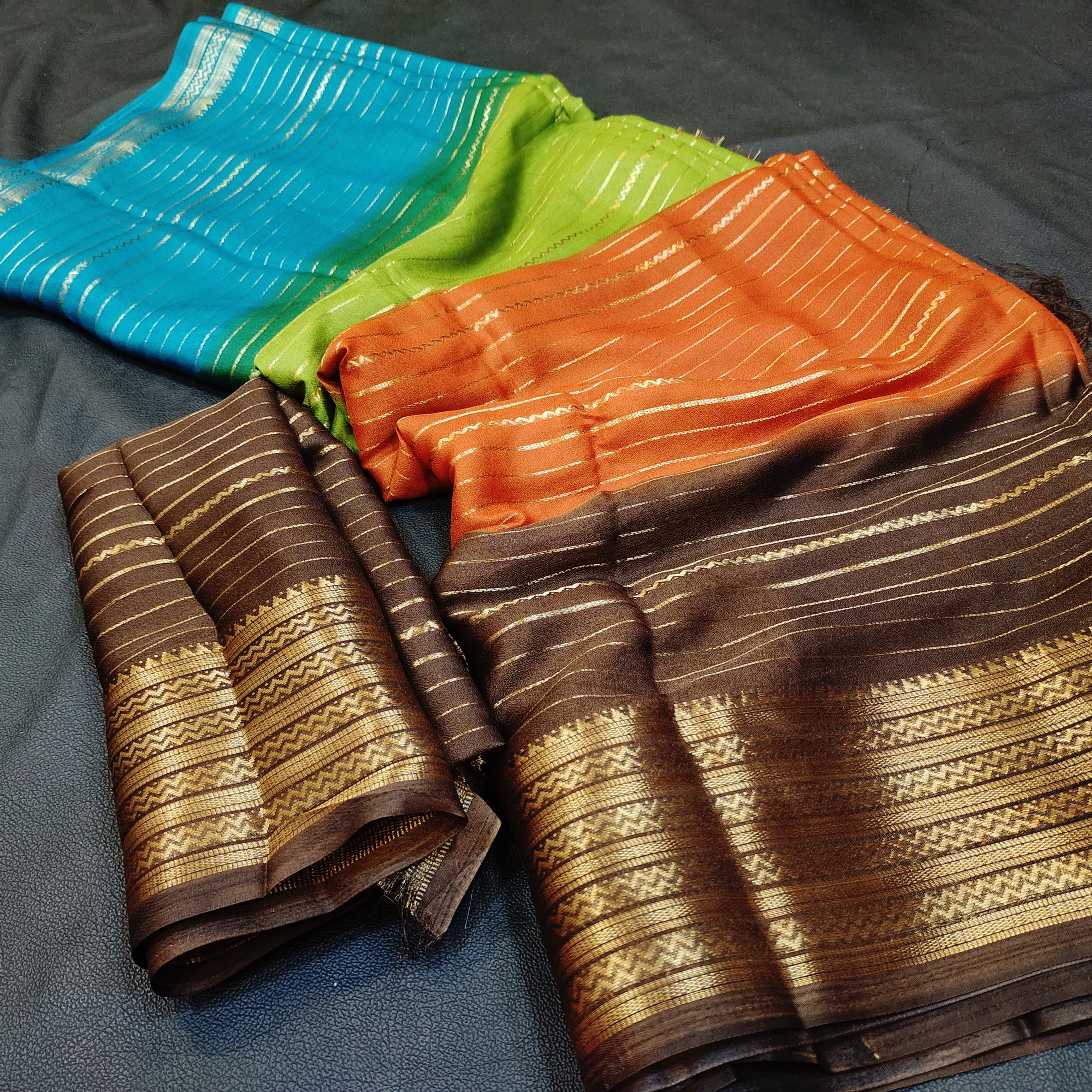 4 COLOUR CRAPE SILK SAREE WITH BROWN BORDER